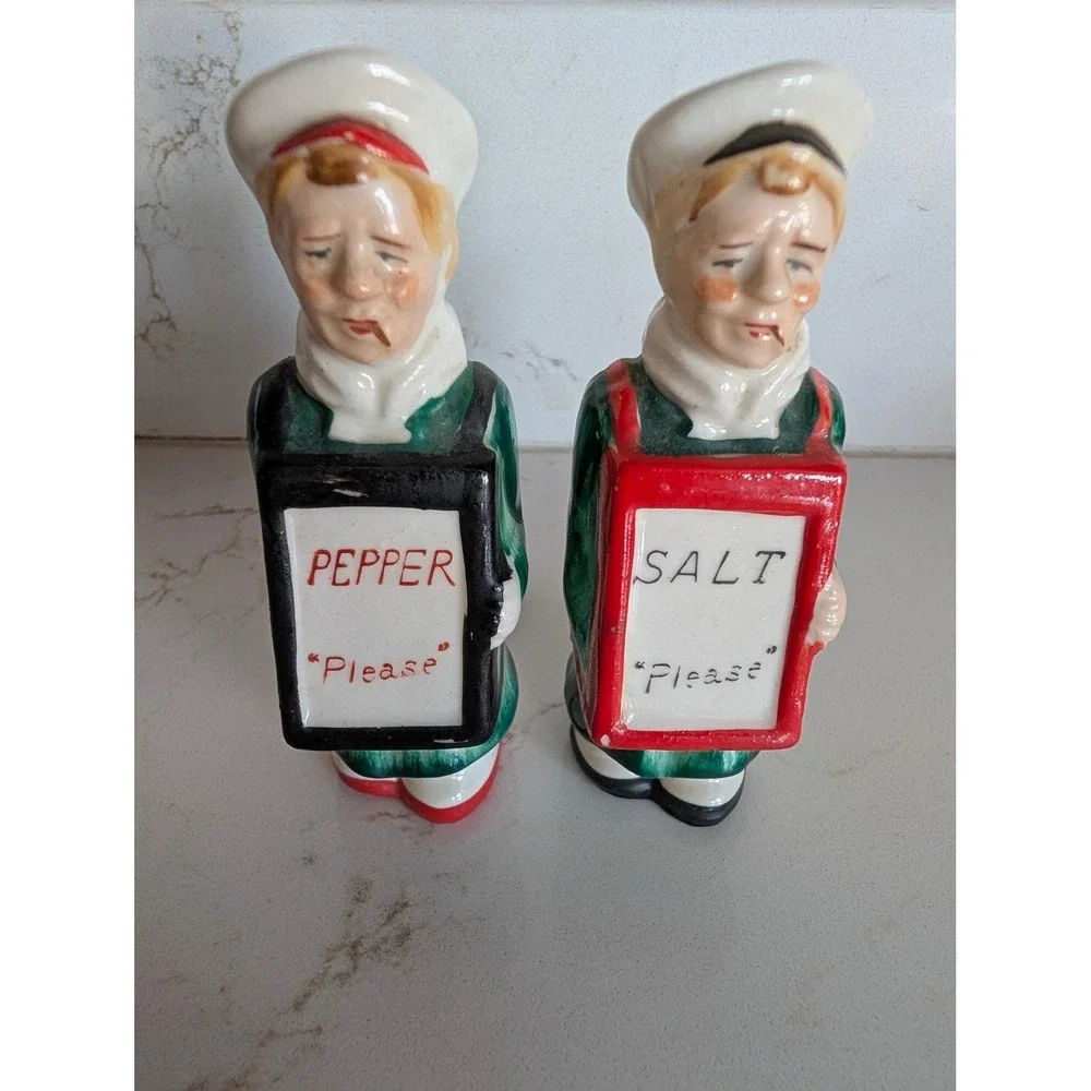 Vintage Sandwich Board Men Salt and Pepper Shakers Ceramic Mid Century Novelty